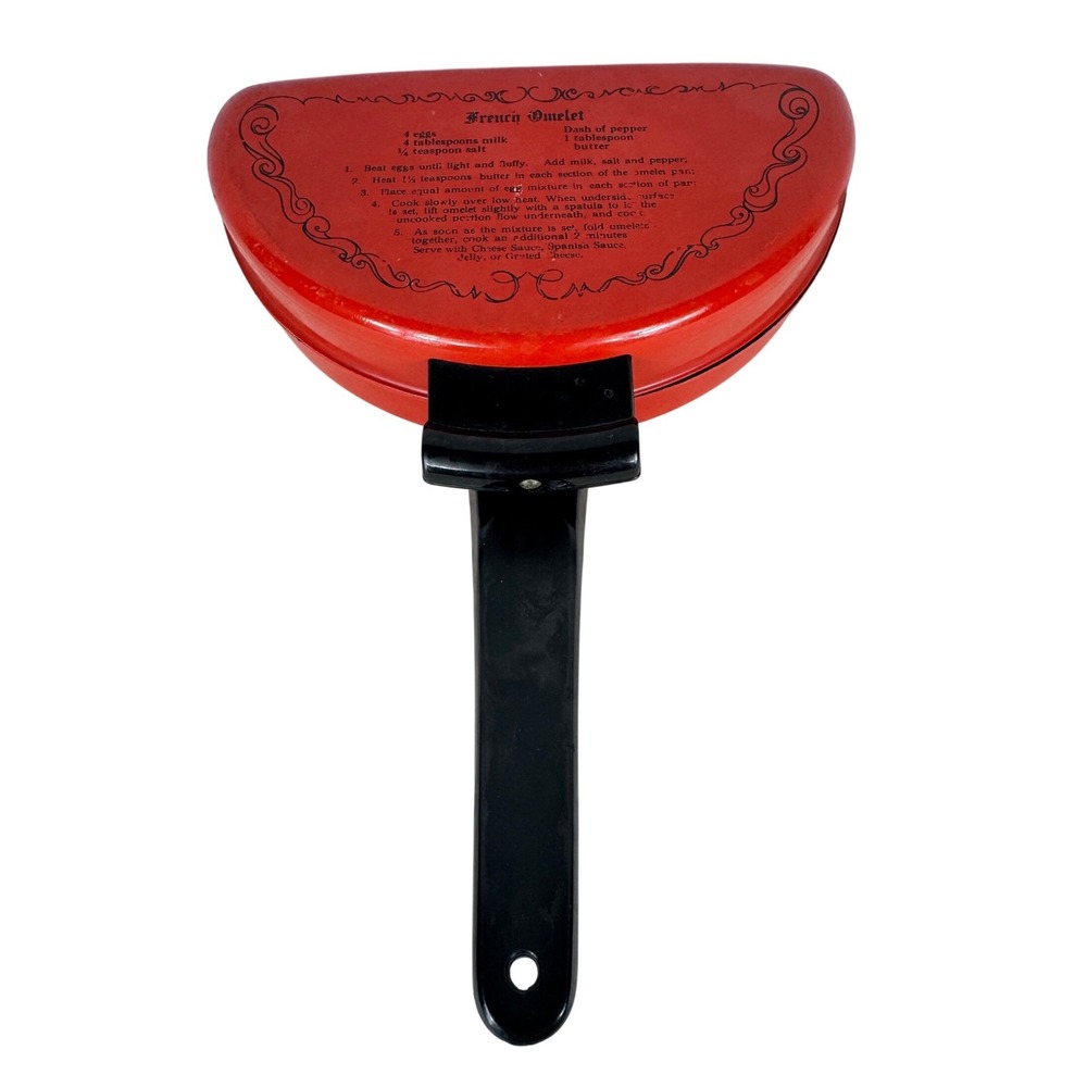 Vintage Mirro Red Aluminum Folding Omelet Pan with Recipes Made in USA Retro